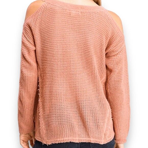 Dusty Rose Moonshine Open Shoulder Lightweight Distressed Waffle Sweater NEW - Picture 3 of 4